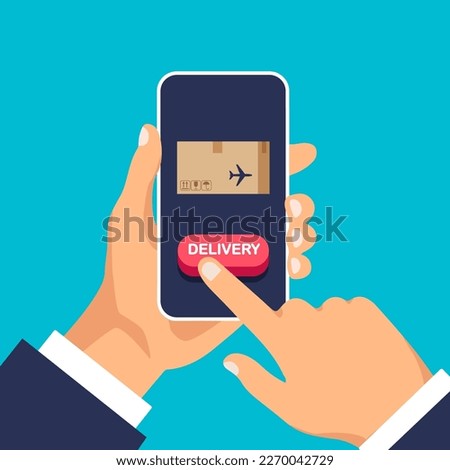 Parcel avia delivery service. Man use app and click on the phone. Vector illustration isolated.