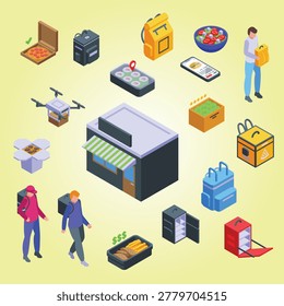 parcel backpack icons set isometric vector food delivery concept  technology catering break shop industry menu  fast food  fast food