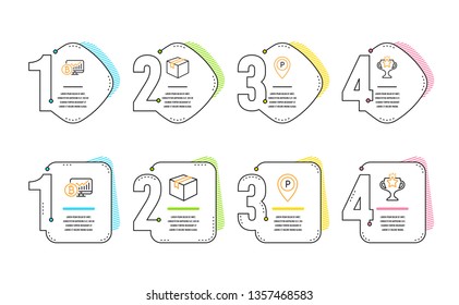 Parcel, Bitcoin chart and Parking icons simple set. Victory sign. Shipping box, Cryptocurrency statistics, Park pointer. Championship prize. Infographic timeline. Line parcel icon. 4 options or steps