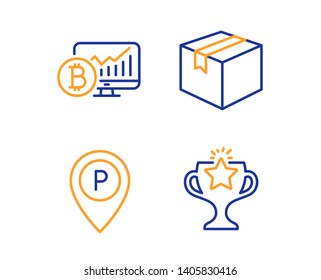 Parcel, Bitcoin chart and Parking icons simple set. Victory sign. Shipping box, Cryptocurrency statistics, Park pointer. Championship prize. Linear parcel icon. Colorful design set. Vector