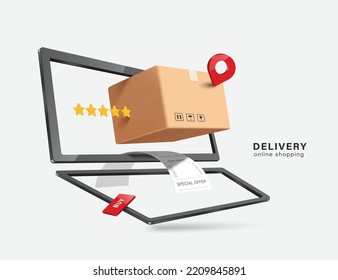 Parcel box with 5 star premium item inside and paper receipt displayed on laptop computer screen and there are pins for delivery to customers above,vector 3d for logistics,delivery and online shopping