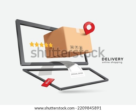 Parcel box with 5 star premium item inside and paper receipt displayed on laptop computer screen and there are pins for delivery to customers above,vector 3d for logistics,delivery and online shopping