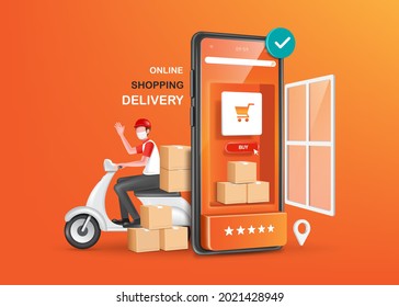 The parcel box and buy icon are placed on the smartphone shop screen and there is a delivery scooter driver waving behind for delivery and online shopping concept,vector 3d on orange background