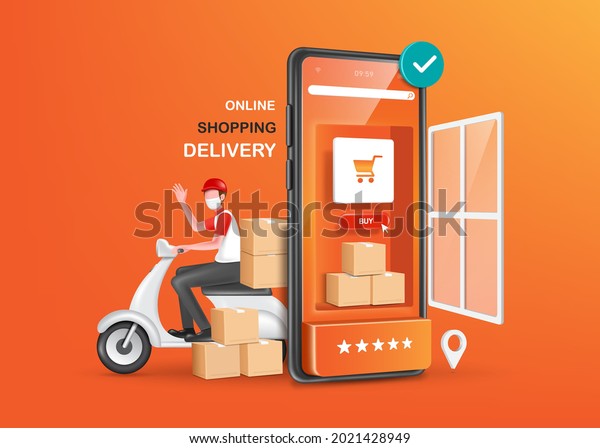 The parcel box and buy icon are placed on the\
smartphone shop screen and there is a delivery scooter driver\
waving behind for delivery and online shopping concept,vector 3d on\
orange background
