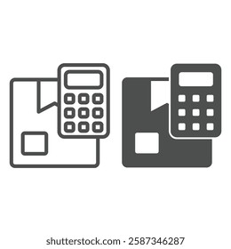 Parcel box with calculator line and solid icon, delivery service concept. Vector graphics. Cardboard box with counting tool sign on white background, outline style icon for mobile or web design