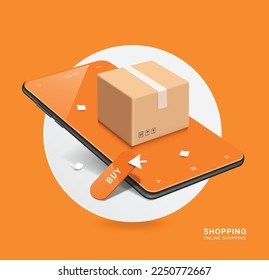 parcel box or cardboard box and buy button displayed on orange screen smartphone and all object place on white circle,vector 3d isolated on white background for delivery and online shopping concept