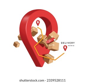 parcel box or cardboard box,  buy icon, yellow delivery route, all place on top of a large red location pin, vector 3d isolated for ecommerce, logistics, delivery, online shopping concept design