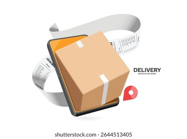Parcel box or cardboard box comes out from a smartphone along with a receipt after customer confirms an online order with delivery service to the destination, vector 3d isolated for E commerce concept
