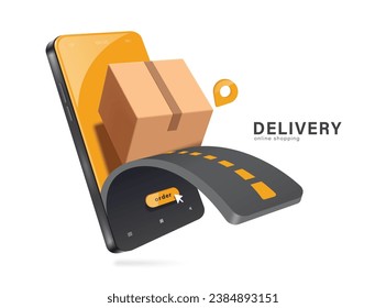 Parcel box or cardboard box, curved road and location pin coming out of smartphone screen for online shopping and delivery to customer, vector 3d isolated for e commerce advertising design