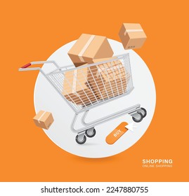 parcel box or cardboard display in shopping cart or trolley and all place on white circle,vector 3d isolated on white background for advertising design,delivery and online shopping concept design