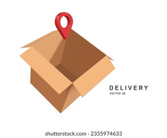 parcel box or cardboard box was empty and opened and there is red location pin floating in air above for delivery advertising design, vector 3d isolated for online shopping, e commerce concept design