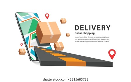 Parcel box or cardboard box floating on GPS map on smartphone screen and follow route on road to deliver to customers, vector 3d isolated for e commerce, logistics, delivery, online shopping concept