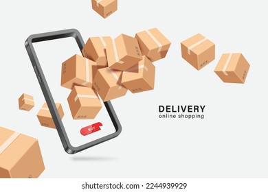 Parcel box or cardboard box floats in the air and plunges into the smartphone and below it there is a buy button,vector3d isolated for logistics,e commerce,delivery,online shopping concept design