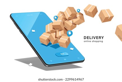 Parcel box or cardboard box floats out of blue smartphone screen after a customer presses button below to place an order, vector 3d isolated for delivery, e commerce and online shopping concept design