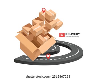 Parcel box or cardboard box place on curved road or way, waiting for truck to pick it up and deliver it to customer following red marker marking delivery location, vector 3d isolated for transport