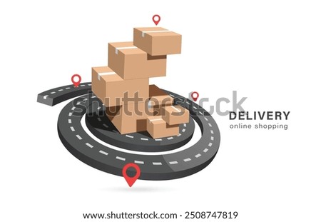 A parcel box or cardboard box place on curved road or way, waiting for truck to pick it up and deliver it to customer following red marker marking delivery location, vector 3d isolated for transport