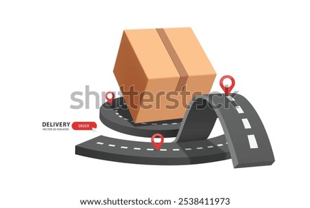 Parcel box or cardboard box place on curved road or way, waiting for truck to pick it up and deliver it to customer following red marker marking delivery location, vector 3d isolated for transport