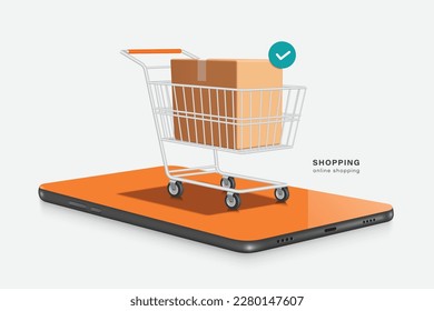 parcel box or cardboard box place in shopping cart or trolley and there is pop up order confirmation icon on box and all display on smartphone screen ,vector 3d isolated for delivery ,online shopping