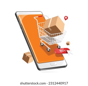 parcel box or cardboard box place in shopping cart or trolley and buy order button display on smartphone screen, vector 3d isolated on white background for e commerce, delivery, online shopping 