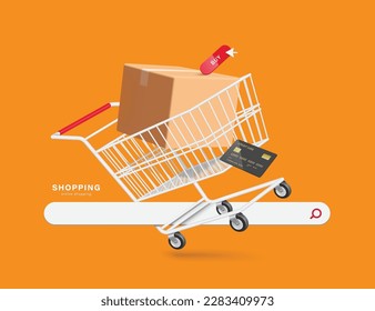 parcel box or cardboard box is placed on shopping cart or 
trolley with credit card floating beside it and all floating at top of search bar ,vector 3d for e commerce,delivery,online shopping concept