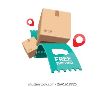 Parcel box or cardboard box is placed on a green free shipping promotion sign with red map pins floating in mid-air around it, vector 3d isolated for delivery and online shopping concept design