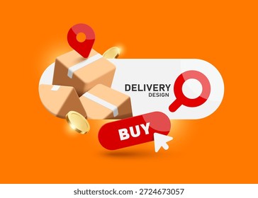 La caja de paquete o caja de cartón se coloca en la parte superior del ícono de la barra de búsqueda, y debajo está el Botón rojo de la confirmación del pedido. Esto se utiliza para diseñar la publicidad del Anuncio para las compras en línea, comercio electrónico, entrega