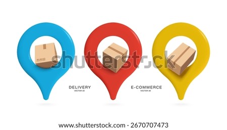 Parcel box or cardboard box placed on third location pin or pin map, available in blue, red, and yellow, for advertising design of shipping or ecommerce, vector 3d isolated on white background