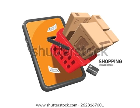 Parcel box or cardboard box placed in red shopping basket after customer confirm online order on smartphone or mobile phone with credit card, vector 3d isolated for delivery, online shopping concept