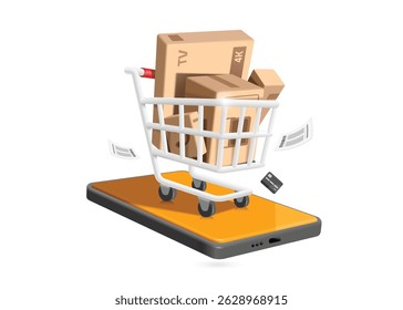 Caixa de encomendas ou caixa de papelão colocada no carrinho de compras após o cliente confirmar o pedido on-line no smartphone ou telefone celular com cartão de crédito, vetor 3d isolado para entrega, projeto de conceito de compras on-line