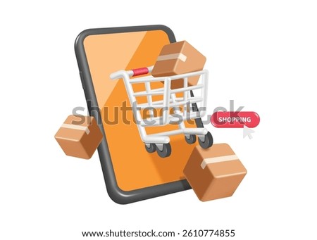 Parcel box or cardboard box is placed in a shopping cart after the customer confirms the online order on smartphone or mobile phone, vector 3d illustration isolated for E-commerce advertising design