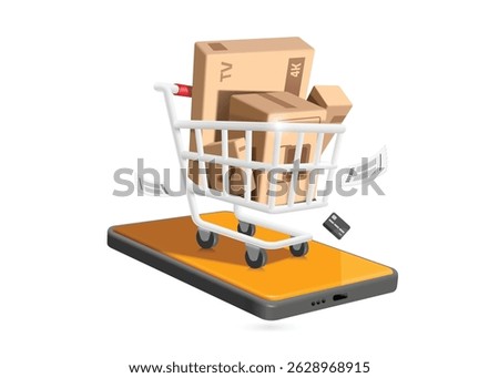 Parcel box or cardboard box placed in shopping cart after customer confirm online order on smartphone or mobile phone with credit card, vector 3d isolated for delivery, online shopping concept design