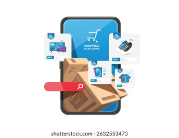 parcel box or cardboard box or product is placed in front of smartphone after the customer clicks to order from application online shopping, vector 3d for online shopping and delivery concept design