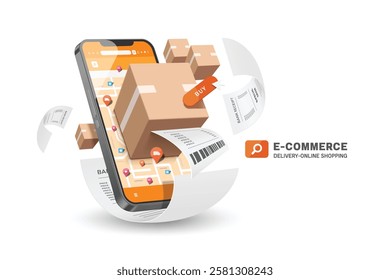 Parcel box or cardboard box, receipt paper placed on GPS map on smartphone screen after customer press button to confirm online order, vector 3d isolated for delivery, online shopping, E-commerce