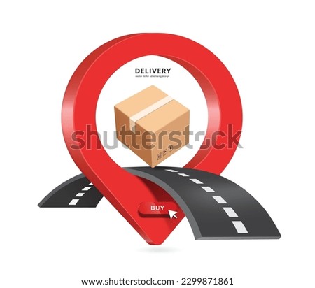A parcel box or cardboard box rests on road running through the middle of a red pin location and there is a red buy button at below ,vector 3d isolated for logistics ,delivery ,online shopping concept