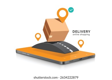 Parcel box or cardboard box run along the road to be delivered to customers at the pinpoint and all display on smartphones for online shopping and delivery advertising design, vector 3d isolated