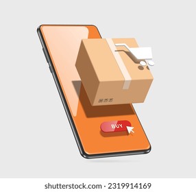 parcel box or cardboard box, shopping cart icon, red buy order button All of them floated in air above smartphone for online shopping, vector 3d for e commerce, delivery, cargo concept design