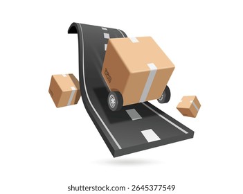 Caixa de encomendas ou caixa de papelão com rodas, como caminhão dirigindo na estrada para entregar mercadorias aos clientes usando o serviço de entrega expresso. Vetor 3D isolado para comércio eletrônico e conceito de compras on-line