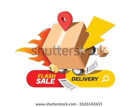 Parcel box or cardboard box with wheels resembling truck running at high speed with thunder icon next to it to convey flash sale promotion, vector 3d isolated for delivery and online shopping concept