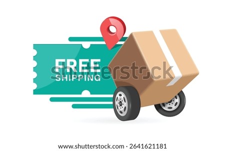 Parcel box or cardboard box with wheels resembling a truck is moving in front of a green free shipping promotion sign or tag label, vector 3d isolated for online shopping, delivery, e commerce concept