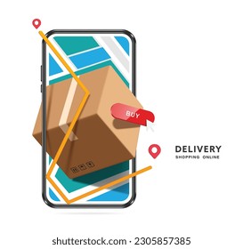Parcel box or cardboard box, yellow GPS route, red buy order button display on the map on the smartphone screen, vector 3d isolated for logistics, e commerce, delivery, online shopping concept design