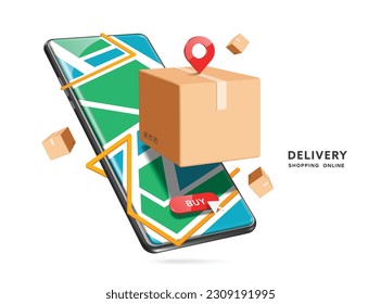 Caja de paquetes o caja de cartón, ruta GPS amarilla, botón de pedido rojo en el mapa en la pantalla del smartphone, vector 3d aislado para logística, comercio electrónico, entrega, diseño de concepto de compras en línea