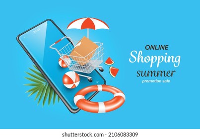 parcel box in cart Floating in front of the smartphone and there are balls, lifebuoys, sliced ​​watermelons and umbrellas and all objects floating in the air, 3d vector for summer online shopping sale