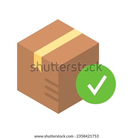 parcel box with checkmark icon, vector illustration in flat style, cartoon parcel with tick note, concept of approved or accepted delivery package, shipped or confirmed service