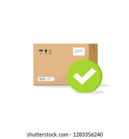 Parcel box with checkmark notice sign vector icon, flat cartoon parcel with tick note, concept of approved or accepted delivery package, shipped or confirmed service 