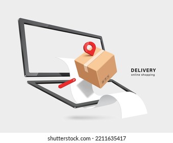 parcel box or crate cardboard,receipt paper and red pin location display and floating on laptop computer,vector 3d isolated on white background for logistics,delivery,online shpping  concept design