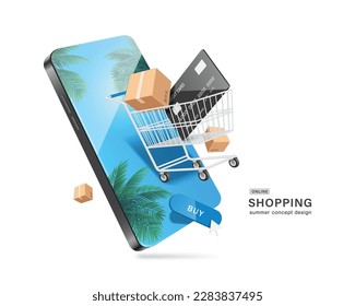 Parcel box and credit card float in shopping cart and below it is button buy and all on smartphone with view of coconut trees and sea sky on screen ,vector 3d for online shopping summer concept 