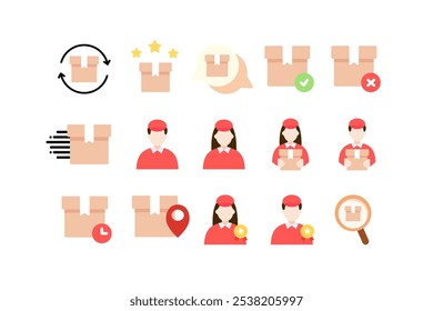 Conjunto de iconos de entrega de caja de paquete. Transporte, logística, envío, servicio expreso, paquete, mensajero, conceptos de devolución. Ilustración aislada de diseño de Vector plano.
