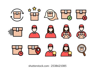 Parcel box delivery icon set. Transportation, logistics, shipment, express service, package, courier, return concepts. Colored outline vector design isolated illustration.