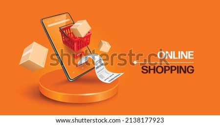 Parcel box flew out of the red shopping basket and receipts poured out from the smartphone screen and it's all on round podium,vector 3d isolated on orange bacground for online shopping concept design