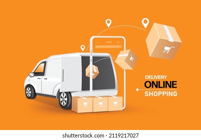 The parcel box floated out of the delivery van and through the smartphone and has a pin location at the top for delivery and online concept design,vector 3d isolated on orange background